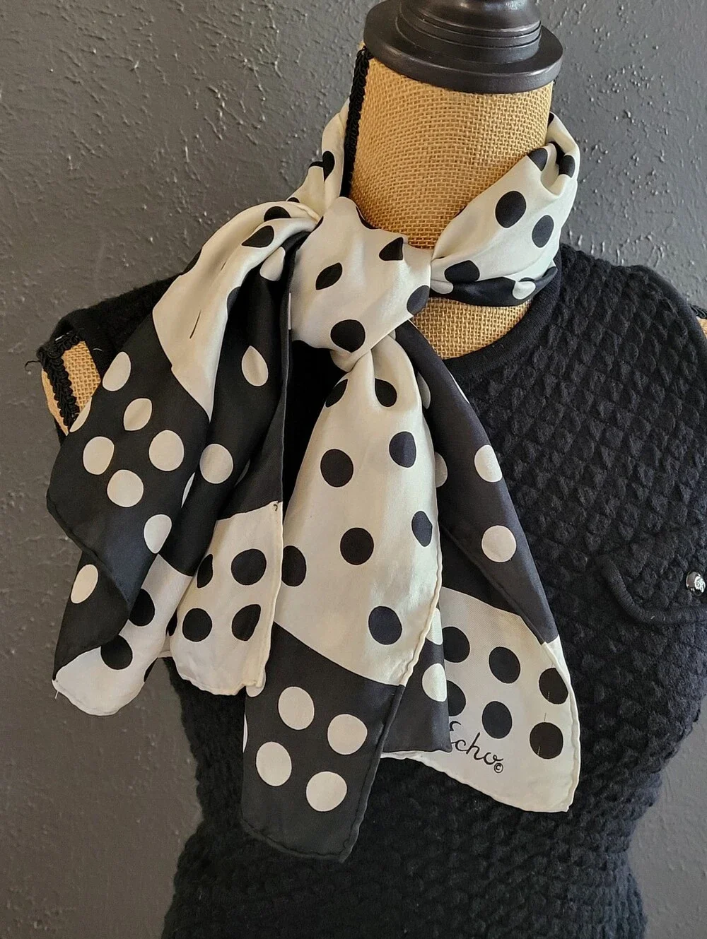 Echo 1970s Ivory/Black Colorblock Polkadot Rectangular Silk Scarf
